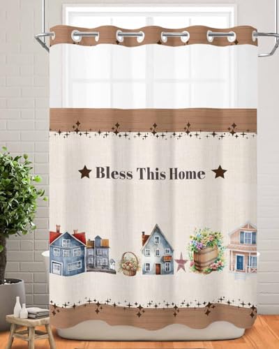 Futuregrace No Hooks Shower Curtain with Snap Liner Bless This Home House Stars Flower Basket Retro Linen Bath Curtain with See Through Top Window 66\"x72\" for Bathroom Spa - Thumbnail 7