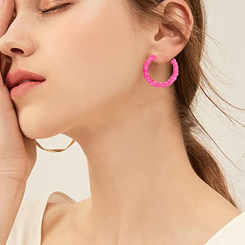 Glitter Hoop Earrings Bohemian Sparkle Resin Rhinestone Wrapped Hoop Dangle Earrings For Women Girls (Pink) #TOP2