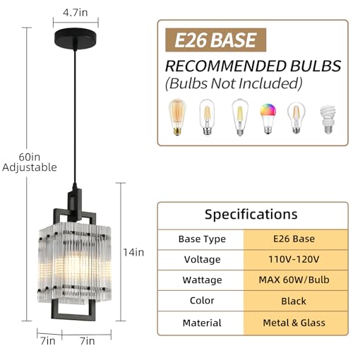 YUXINLUX Modern Pendant Light Fixtures with Clear Glass Matte Black Pendant Lights Kitchen Island Adjustable Square Hanging Pendant Lighting for Dining Room Over Sink Hallway 1 Pack 12 inches by YUXINLUX - Used condition - Image 3