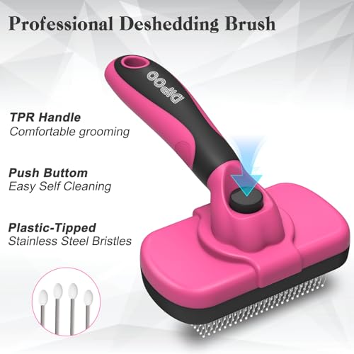 Image of Dipoo Self Cleaning Shedding Brush, Skin Friendly Grooming Tool for Dogs, Cats, Puppies, Deshedding and Hair Removal for Long and Short Haired Pets, Black (Pink)