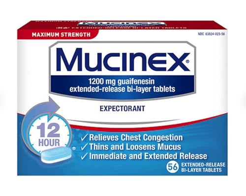 2 Pack of Mucinex 12 Hour 1200mg Maximum Strength Guaifenesin Chest Congestion & Mucus Relief, Guaifenesin Expectorant Aids Mucus Removal, Chest Decongestant for Adults, Dr Recommended, 56 ct Tablets