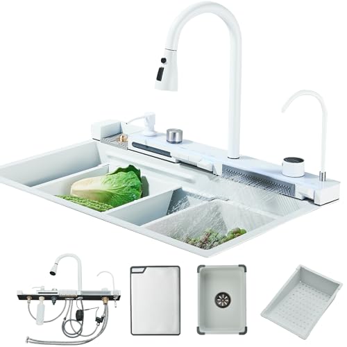 Évier de Cuisine Hevenaov Évier en Acier Inoxydable évier de cuisine Blanc avec robinet extractible et autres accessoires Pour laver les légumes et la vaisselle (75x45cm)
