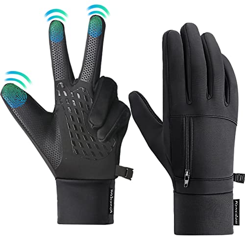 Gants de Cyclisme, Gants Tactiles Homme Femme, Gants Hiver Velo Imperméable et Antidérapant Gants à Écrans Tactiles pour Velo Course Randonnée Camping, Noir Cover