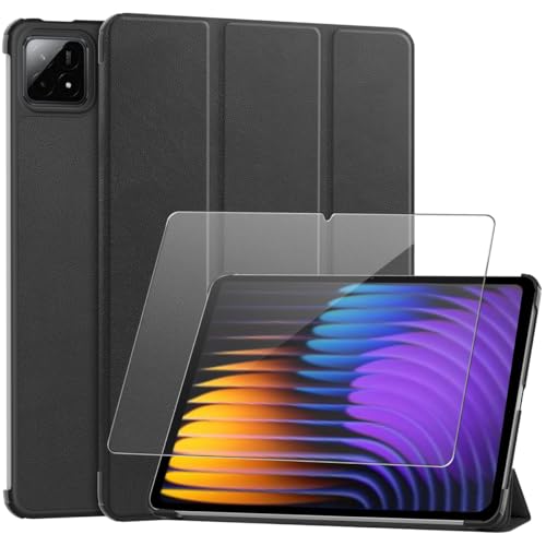 Ysjisy Capa para Xiaomi Pad 7/7 Pro 11,2", preto PU couro carteira Flip protetora com 1 peça, protetor de ecrã de vidro temperado para Xiaomi Pad 7/7 Pro 11,2''