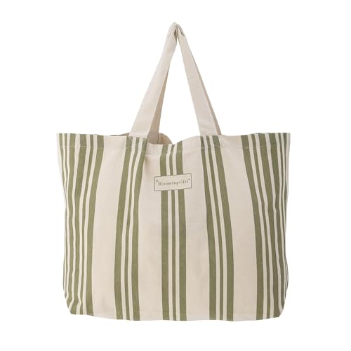 Sac en coton vert Bloomingville Trina, grand cabas lavable rayé avec poche téléphone