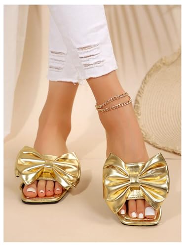 GORGLITTER Women's Bow Sandals Square Open Toe Slip on Dressy Summer Sandals 6