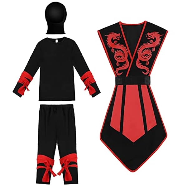 Tacobear Ninja-kostym, barn, lyxig, halloween, barnkostym, svart, röd, power ninja-kläder, ninja, muskeldräkt för pojkar, flickor, barn, maskeraddräkt för barn 3-12 år