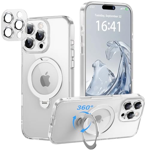 iPhone 16 Pro Max 用 ケース【極限の透明感と保護力】 4in1 カメラ保護一体/MagSafe対応/360度回転スタンド/ストラップホール穴付き 縦横両対応 黄ばみ防止 ワイヤレス充電対応 米軍規格 耐衝撃 ガラスフィルム マグネット搭載車載ホルダー対応 マグセーフ対応 いphone16promaxケース (クリア, iPhone16 ProMax)の商品画像（Amazon）