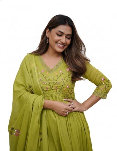 Image of Traditional Floral Embroidered Cotton Kurta Set with Dupatta