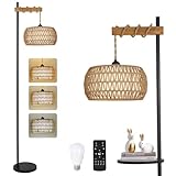 Rattan Floor Lamp With Shelves, Boho Floor Lamps For Living Room With Remote & Smart Bulb, Corner Tall Standing Lamp With Double Shades & Wood Decor, Dimmable Stand Up Lamps For Office Bedroom Nursery