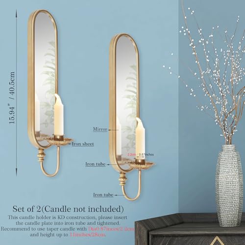 Set of 2 Vintage Gold Iron Candle Sconce & Mirror, Size:3.94x15.94x3.9 by BITALYE - Image 4