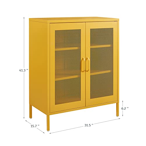 Spacerock Storage Cabinet Kitchen Buffet Pantry 40“ Stylish Metal Pantry Cabinet With 2 Mesh Doors, Suitable For Office, Dining Room, Living Room, Yellow #TOP1