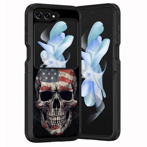 ZXHSBROK for Samsung Galaxy Z Flip 6 Case, Heavy Duty Dual Layer Shockproof Dustproof Folding Stylish Protective Cover for Samsung Galaxy Z Flip 6 5G (2024), American Flag Skull