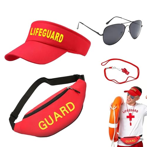Disfraz De Salvavidas De Sandlot - Disfraz De Vigilante De La Playa, Disfraz De Accesorios Geniales para Salvavidas | Accesorios Baywatch con Visera, Riñonera Y Silbato para Gafas De Sol