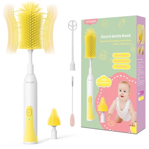 Image of TpChapNi Electric Bottle Brush Cleaner,Electric Baby Bottle Brush for Cleaning Set,Rechargeable with Replaceable Silicone Water Bottle and Nipple Brush Head,Straw Brush for Baby & New Moms(Yellow)