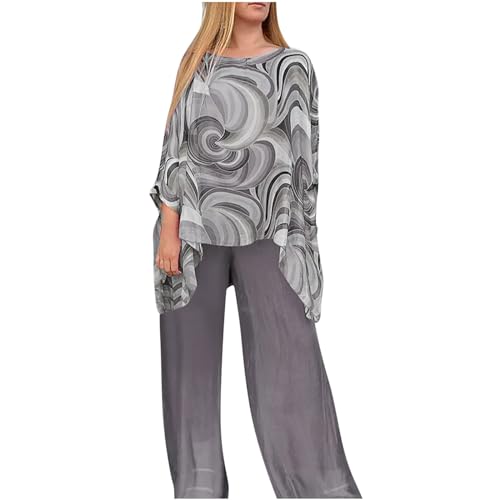 Mrat Two Piece Outfit Women Ladies Elegant Chiffon Trousers Suits Loungewear Floral Print 3/4 Sleeve Tunic Top Elastic Waist Pants Co Ord Set Oversized Loose Leisure Homewear Wedding Cotail Party