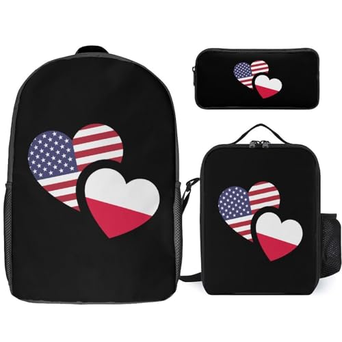 Poland U.S. Flag Classic Backpack Lunch Bag Pencil Case 3 Piece Set Travel Daypack