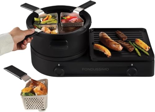 Fondussimo Dip & Grill Fondue Set, Reversible Plancha Grill, 4 Baskets