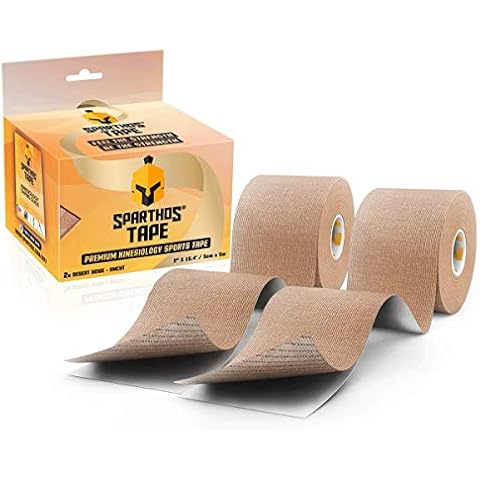 Sparthos Tape Kinesiology Tape (Pack of 2) - Incredible Support for Pro Athletic Sports and Recovery - Free Kinesio Taping Guide! - Waterproof Tex Rock Gold Lift Tapes - Uncut (2X Beige) Cover