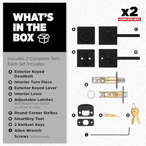 Image of Kwikset Casey Square Front Door Lock Handle and Deadbolt Set, Entry Exterior with Interior Reversible Lever, Matte Black, Project Pack, Pick Resistant SmartKey Rekey Deadbolt Security