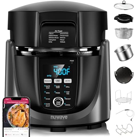 Nuwave Duet Electric Pressure Cooker & Air Fryer Combo, 450 IN 1 Slow Cooker & Grill with Integrated Digital Temp Probe, 6qt SS Pot, Adjustable High/Low Pressure, Built-in Sure-Lock Safety Tech