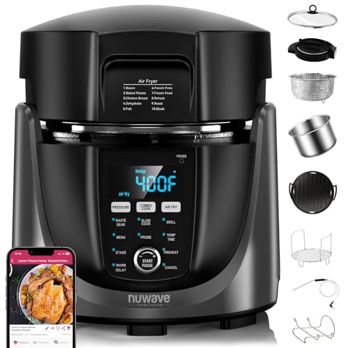 Nuwave Duet Electric Pressure Cooker & Air Fryer Combo, 450 IN 1 Slow Cooker & Grill with Integrated Digital Temp Probe, 6qt SS Pot, Adjustable High/Low Pressure, Built-in Sure-Lock Safety Tech by Nuwave - Used condition - US$152.76
