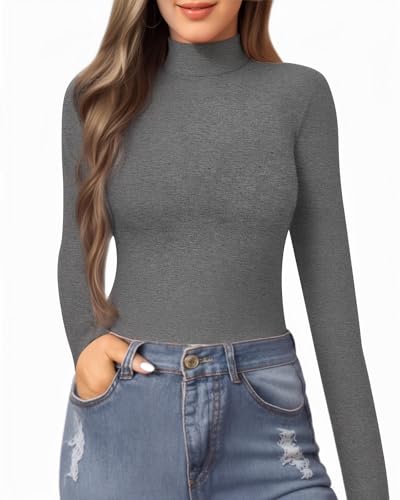 Image of MANGOPOP Women's Mock Turtle Neck Slim Fit Long Half Elbow 3 /4 Short Sleeve T Shirts Tight Tops Basic Tee, 16 Dark Heather Grey, Large