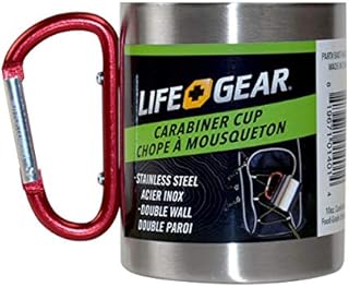 Life Gear Stainless Steel Double Walled Mug with Carabiner Handle - Portable Rockclimbing, Hiking, Backpacking or Camping Travel Cup 10 oz