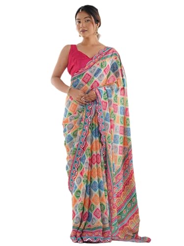 Image of Panzora Women's Chinon Printed Saree With Unstitched Blouse Piece