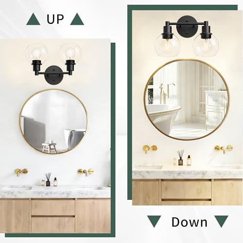 Image of 2 Light Bathroom Light Fixtures Black Vanity Lights, Farmhouse Bathroom Vanity Lights 2-Light Matte Black Globe Bathroom Vanity Lighting Fixture Over Mirror