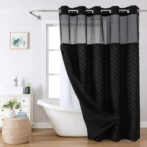 eachope Long No Hook Tufted Chevron Striped Shower Curtain with Snap-in Fabric Liner set-71Wx80H(78H),Black Hotel Grade Boho Style Shower Curtain with See Through Top Window,Water Repellent by eachope - Used condition - US$27.01