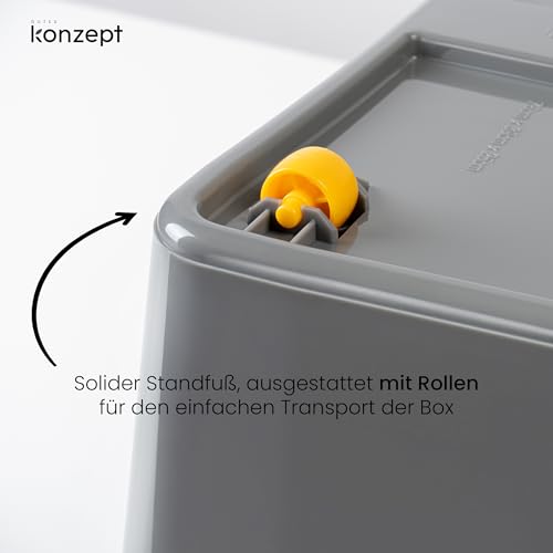 KONZEPT Aufbewahrungsbox mit Deckel 55 L – inkl. beschriftbaren Etiketten, aus hochwertigem Kunststoff, stapelbar und stabilen Verschlussclips, ideal für Keller, Werkstatt, Garage