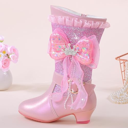 Girls Winter Low Heels Warm Fur Boots Glitter Rhinestone Bowknot Princess Boots3