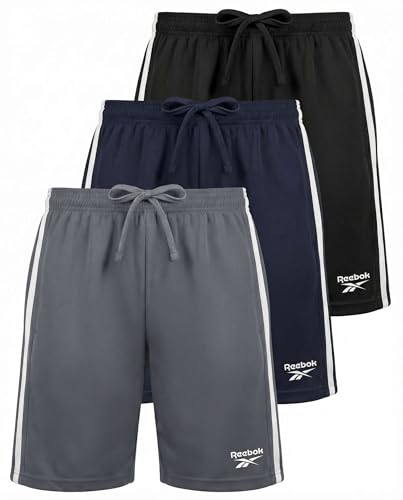 Reebok 3 Pack: Boys' Dry Fit Athletic Shorts w/Side Taping - Active Quick Dry Running Basketball Soccer Short for Kids Teens- Set 2, L, (12-14)
