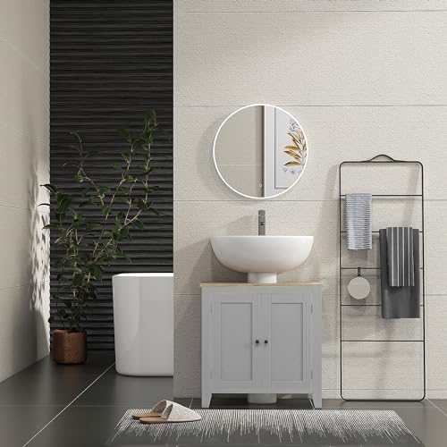 Miniatura 7 de Kleankin Mueble Bajo Lavabo Mueble De Baño Con 2 Puertas Y Estante Ajustable Armario De Baño Para Lavabo Con O Sin Pedestal Estilo Moderno 60x30x60 Cm Gris