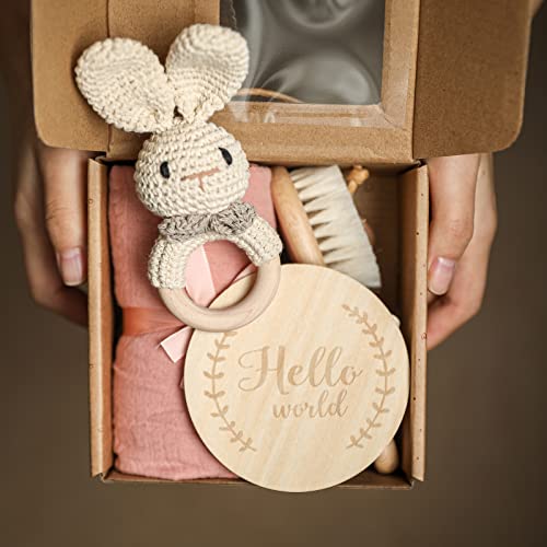 Baby Gift Shower Set, 6-Piece Newborn Gift Set, Baby Blanket Newborn Rattle Wooden Brush And Milestones, Keepsake Gifts For Boys And Girls (Bunny-2) #TOP1