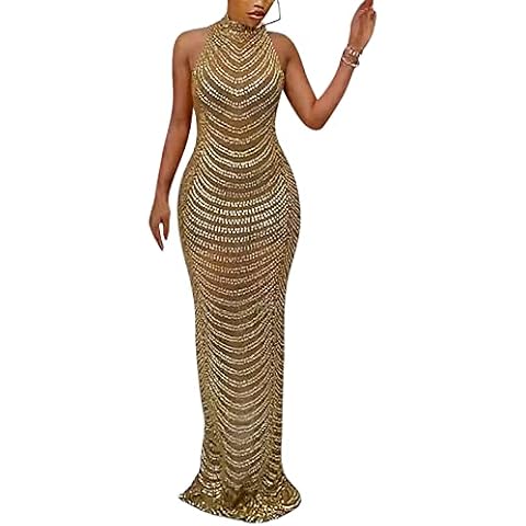WOKANSE Women's Rhinestone Spaghetti Strap Bodycon Midi Dress Sexy Mesh See Through Club Dress, 31-gold, X-Large Cover