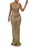 WOKANSE Women's Sexy Halter Backless Bodycon Mesh See Through Pencil Party Maxi Dress Gown Gold