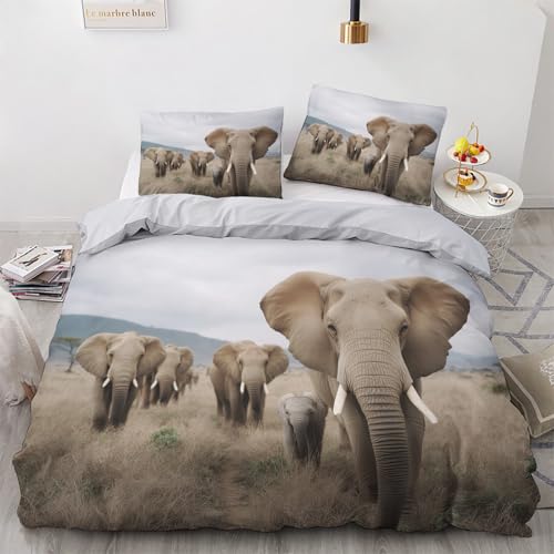 Elephant Duvet Cover Set Double Size, African Animal Bedding Set 200x200 cm,...