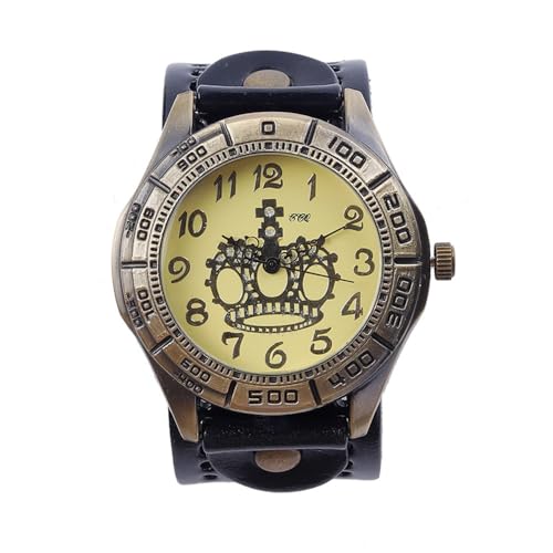 MINILUJIA Damen- Lederuhren, handgefertigt, Vintage- Retro- Punk- Damenarmbanduhr, Bronze- Zifferblatt, Kronenmuster, Quarzuhrwerk, Schwarz, Vintage Punk Retro Leder