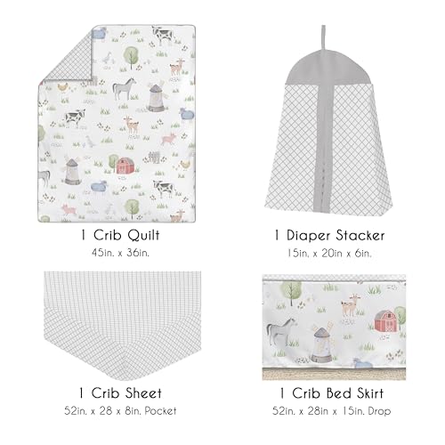 Image of Sweet Jojo Designs 4-Piece Baby Crib Bedding Set (Farm Animals) for Boys or Girls, Infants /Nursery incl. Blanket, Fitted Sheet, Skirt, Diaper Stacker (Chicken, Farmhouse, Barn, Sheep, Horse, Cow, Pig)
