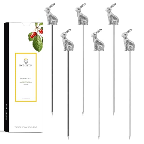 Homestia 6 Pcs Silver Rabbit Cocktail Picks - Martini Sticks, 4.7" Metal Skewers