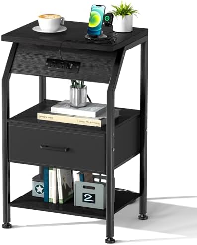 Gannyfer Nightstand with Charging Station and USB Ports, Night Stand with Fabric Drawer and Storage Shelf, Small Bedside Table for Bedroom, 3-Tier End Table for Living Room,Black