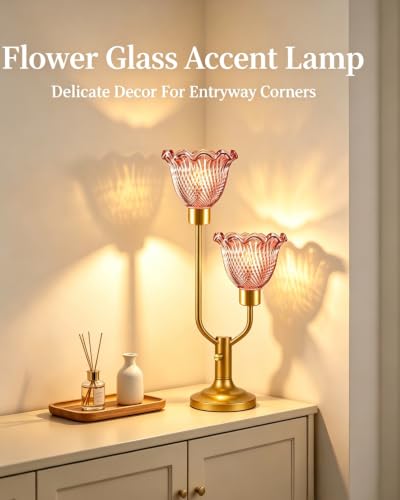 Image of Lightdot Flower Glass Table Lamp for Bedroom Vintage Pink Lamp Dimmable | Mid Century Modern Gold Desk Lamp 2 Bulbs Included Warmwhite Ambient Nightstand Bedside Lamps for Living Room Home Decor Gift