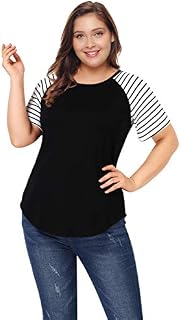 AMZ PLUS Women's Plus Size Striped Raglan Tee Shirts Jersey Baseball Casual Tunic