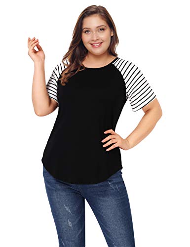 AMZ PLUS Women's Plus Size Striped Raglan Tee Shirts Jersey Baseball Casual Tunic