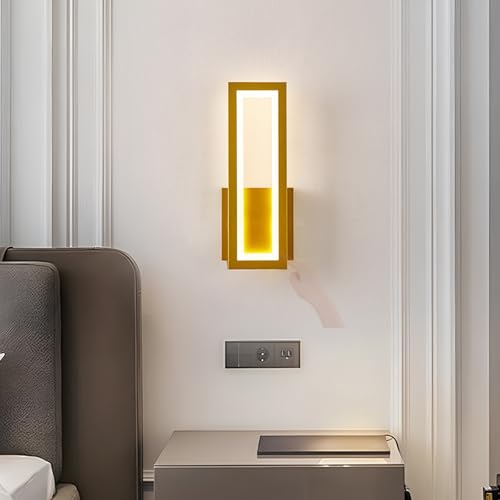 Aplique de pared LED táctil rectangular de 32cm en color oro con luz neutra para dormitorio
