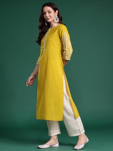 Image of INDO ERA Women's Cotton Straight Fit Floral Embroidered Kurta (KT0GN9776)
