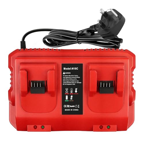 Rapid Replacement Battery Charger Compatible with Milwaukee M18 BatteryCharger Dual Bay Simultaneous, 18V Lithium Battery Charger Station 2-Port Tools Battery Power Charger