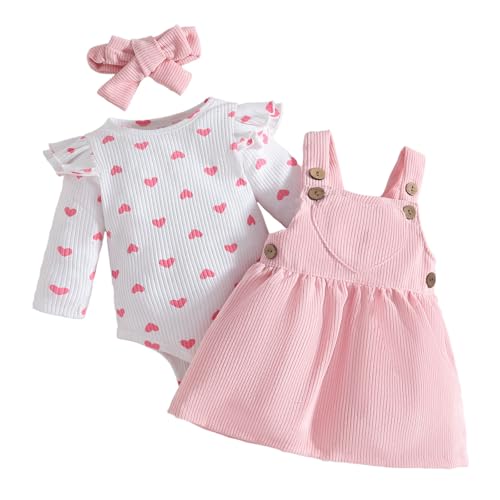Yoolhamy Baby-Mädchen-Kleidung für Neugeborene, Kleinkinder, Mädchen, Kleid, Outfit, langärmelig, Rüschen, Strampler mit Schleife, Stirnband, Set für 0–18 Monate, rose, 3-6 Monate
